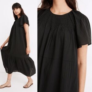 Madewell Black Cotton Embroidered Smocked Midi Dress Size Small